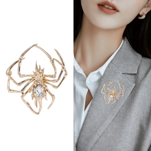 Gold spider brooch with large crystal on grey suit, product and model view
