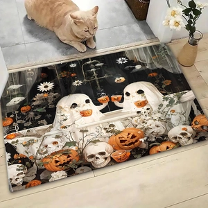 Detail of Halloween bath mat with pumpkins and ghosts on tiles with a cat