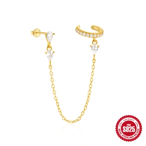 Elegant gold S925 sterling silver tassel earring with sparkling teardrop zircons
