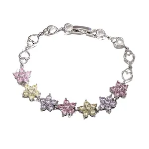 Charming silver bracelet with colorful AAA zircon flower petals and hollow heart links