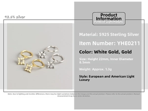 Vue détaillée des boucles d'oreilles étoile en argent S925 avec dimensions et paramètres