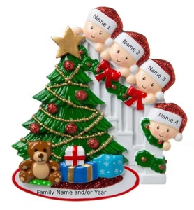 Detailed view of customizable four-person Christmas tree resin ornament with glitter hats