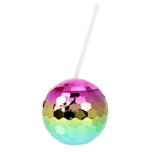 Colorful gradient disco ball cup with a white straw on a white background