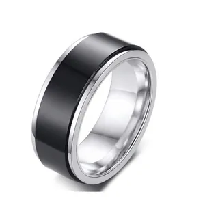 Anillo giratorio antiestrés de acero inoxidable para hombre con bordes plateados y negro