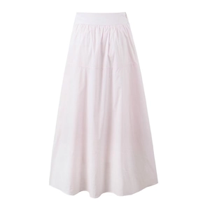 Detail of high waisted A-line maxi skirt in soft pastel pink with invisible side zipper