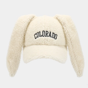 Detail of white plush baseball cap featuring cute bunny ears and Colorado embroidery