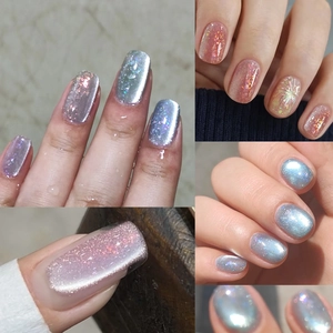Iridescent cat eye nail polish collection with silver glitter and aurora shimmer effects