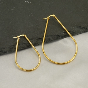Fashionable golden teardrop hoop earrings in two sizes with smooth metallic finish