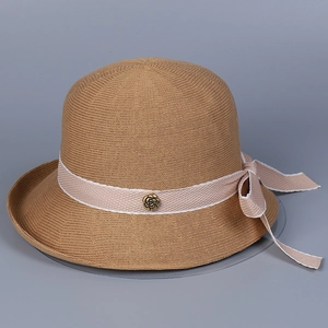 Women Knitted Bucket Hat Cotton Polyester Blend Breathable Sunshade Hat With Bow Ribbon Metal Rose Retro French Style