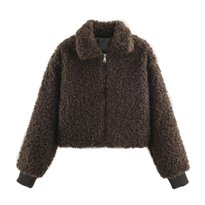 Women Teddy Fleece Jacket Zip Up Sherpa Outerwear Loose Lapel Collar Plain Brown Warm Casual Cropped Coat