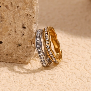 Wavy Ring Stainless Steel Zircon Inlaid 18K Gold Plated Irregular Wave Fashion Jewelry For Women