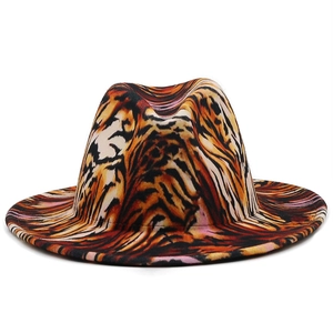 Macro detail of high-quality fedora hat featuring realistic tiger print wool texture