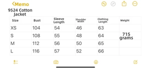 Detailed size chart for women's casual long sleeve padded jacket showing XS to L measurements