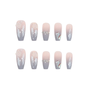 Blue-grey gradient press-on nails featuring 3D camellia flowers and pearl rhinestones