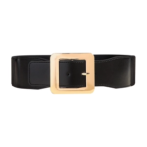 Ceinture large élastique noire en cuir PU pour femme avec grande boucle carrée dorée