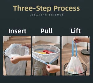 Three-step usage of white drawstring trash bags showing pulling and lifting in a bin