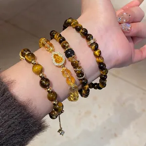Tiger Eye and Citrine layered bracelet set with flower zircon and buddha pendant charm