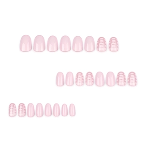 Glossy nude pink short round press on nails set with 24 pieces on white background