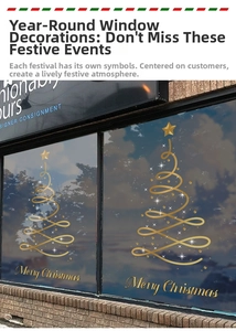 Golden spiral Christmas tree window decal with Merry Christmas text on glass storefront
