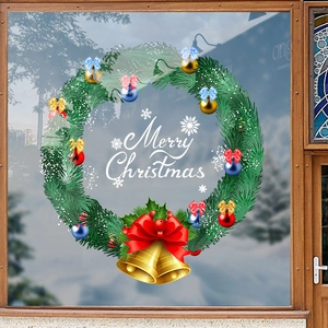 Sticker de fenêtre couronne de Noël avec nœud rouge, cloches d'or et texte festif