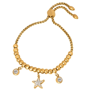 Adjustable golden box chain bracelet with sparkling starfish and round crystal charms