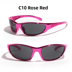Detail of Y2K metallic rose red sporty sunglasses with grey lenses and ribbed temples