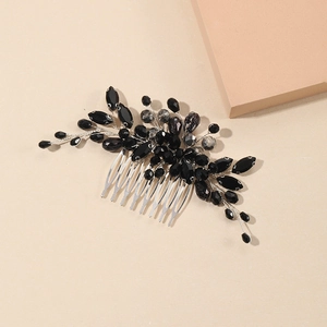 Pettine per capelli argento con eleganti cristalli neri e design floreale sposa