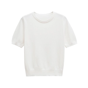 Minimalist white knit short sleeve top with a crew neck for women in a sleek summer style