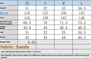 Detailed size chart for suede jacket including length and bust measurements in centimeters