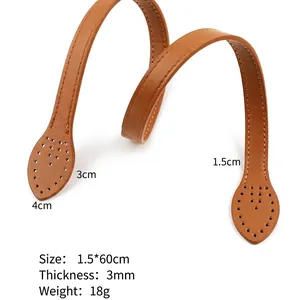 60cm brown faux leather bag handles with decorative leaf-shaped ends and stitch details
