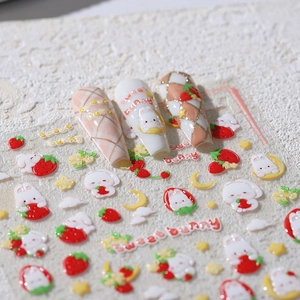 5D embossed sweet bunny and strawberry nail art stickers with 3D relief texture effect