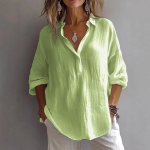 Chemise décontractée femme vert clair à manches longues, col en V et ourlet arrondi
