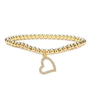 Detailed macro view of 4mm gold beaded elastic bracelet featuring a hollow heart charm