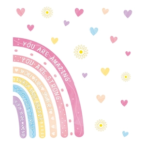 Rainbow wall decal for kids with inspirational quotes and colorful hearts on white background