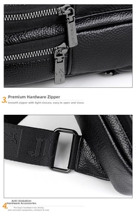 Detail of durable hardware zippers and textured black leather on this men's chest bag