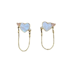 Vintage heart chain earrings with pink zircon, white mother-of-pearl, and small pearls