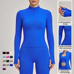 Slim fit seamless yoga jacket with high neck, thumb holes and full zip in Klein blue