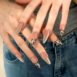 Long Almond Leopard Print Press On Nails With Cat Eye Effect Brown Nude Pink ABS Plastic Artificial Nails For Women Daily Party