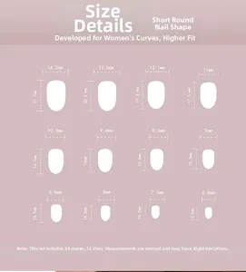 Detailed size chart for aurora cat eye press on nails with twelve specific dimensions