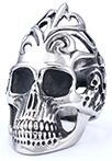 Detailed close-up of a vintage skull ring in antique silver punk gothic stainless steel