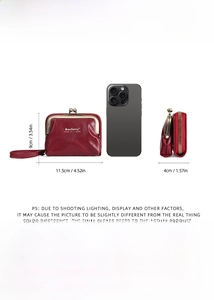 Detail of burgundy coin purse showing metal clasp zipper and size compared to a phone