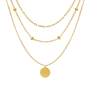 Three-layer gold stainless steel necklace with beads and a Good Luck round pendant
