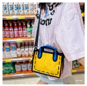 Detail of 2D comic style yellow canvas tote bag with thick black hand-drawn edge outlines