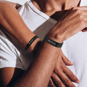 Stainless steel watch band bracelets set for couples engraved with His Queen and Her King