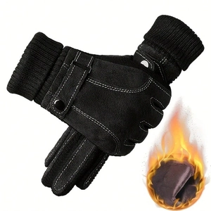 Winter black fleece-lined gloves with buckle strap and rib knit cuff for outdoor warmth