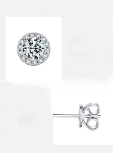 Detailed macro view of S925 sterling silver halo stud earring with D color Moissanite stone