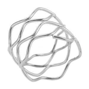 Detailed close-up of wavy intertwined hollow silver ring with polished finish