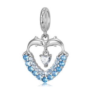 Blue gradient heart dolphin pendant in S925 sterling silver with sparkling zircons