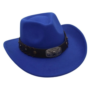 Detail of royal blue felt cowboy hat featuring a leather band and bull head metal buckle