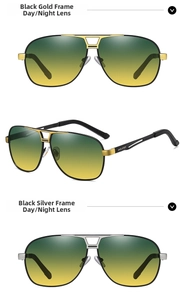 Detail view of day-night pilot sunglasses with dual-bridge black gold and silver frames